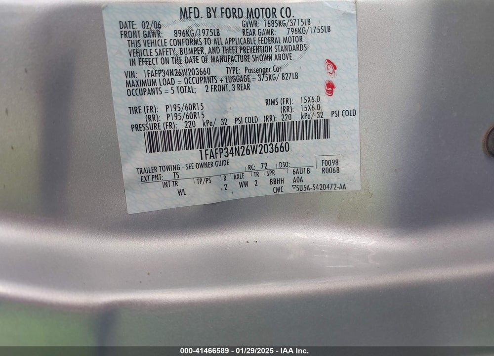 2006 FORD FOCUS VIN: 1FAFP34N26W203660