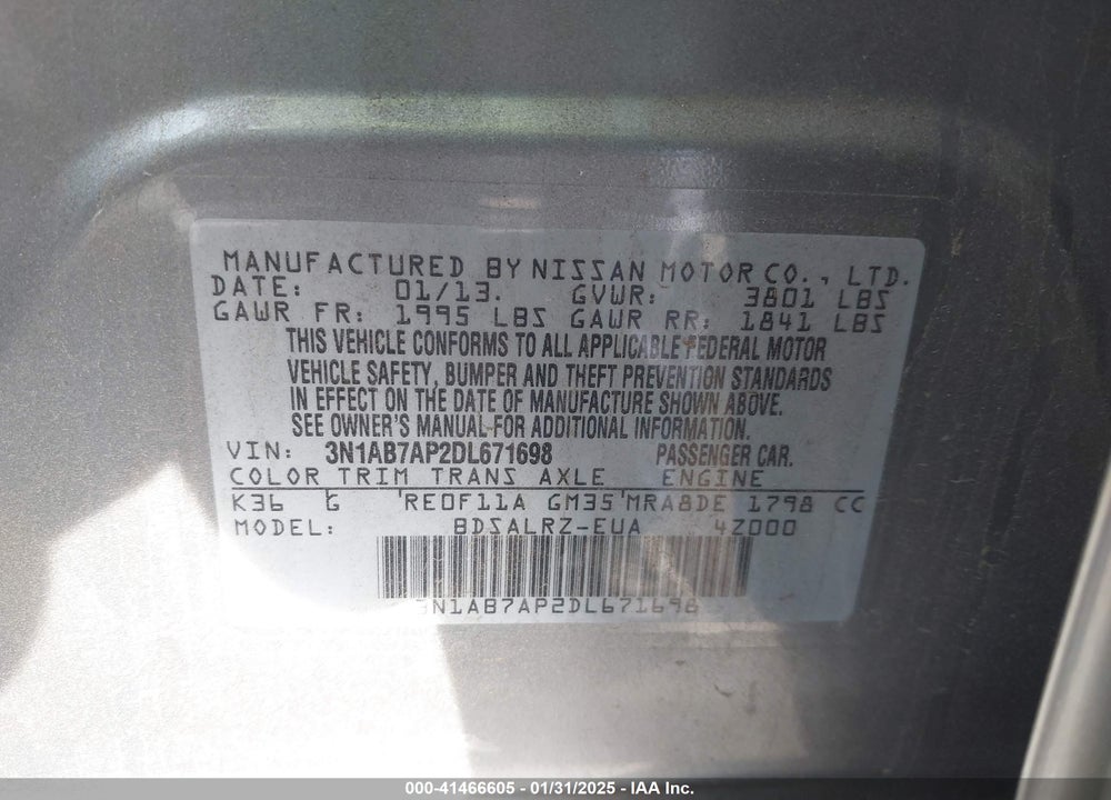 2013 NISSAN SENTRA SR VIN: 3N1AB7AP2DL671698