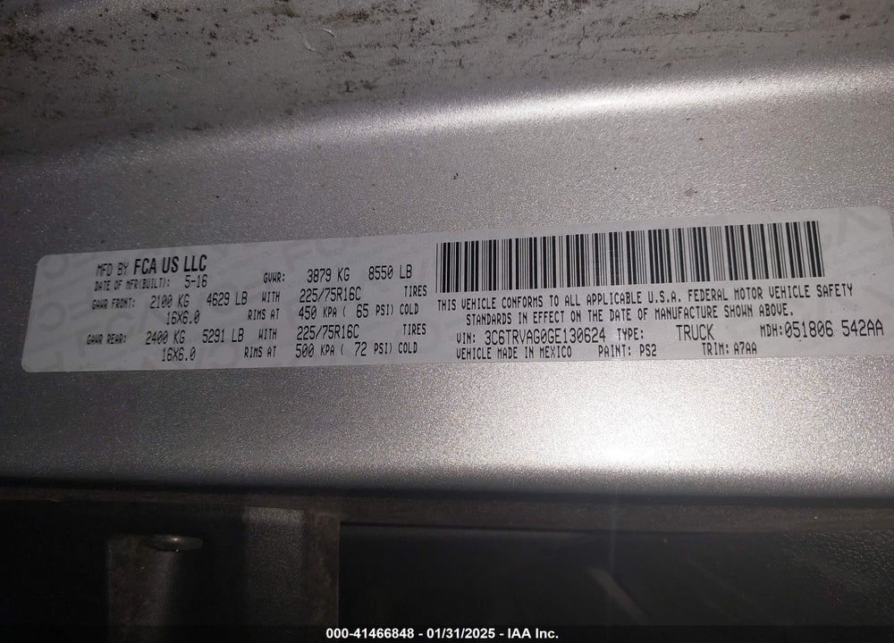 2016 RAM PROMASTER 1500 LOW ROOF VIN: 3C6TRVAG0GE130624