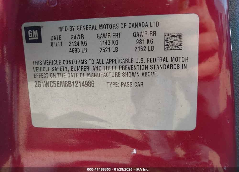 2011 CHEVROLET IMPALA LTZ VIN: 2G1WC5EM8B1214986