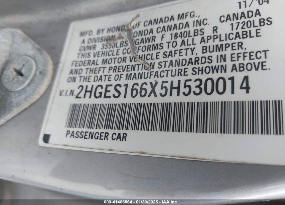 2005 HONDA CIVIC LX VIN: 2HGES166X5H530014