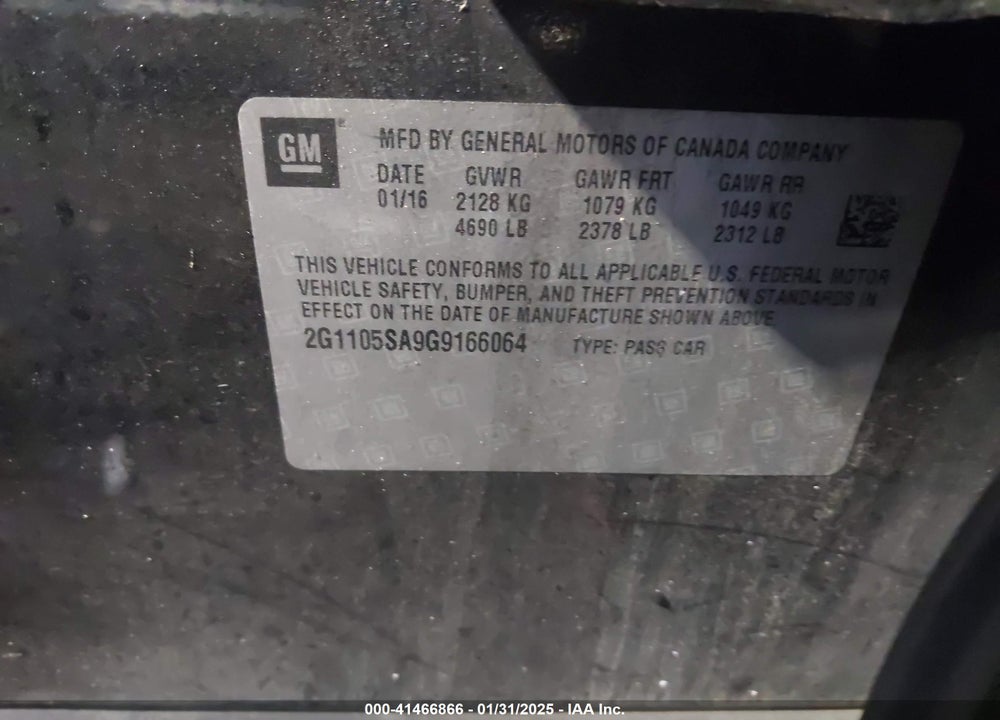 2016 CHEVROLET IMPALA VIN: 2G1105SA9G9166064