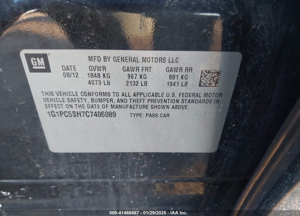 2012 CHEVROLET CRUZE VIN: 1G1PC5SH7C7406089