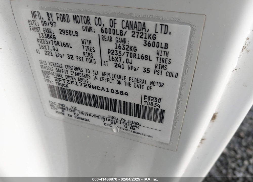 1998 FORD F-150 STANDARD/XL/XLT VIN: 2FTZF1729WCA10384
