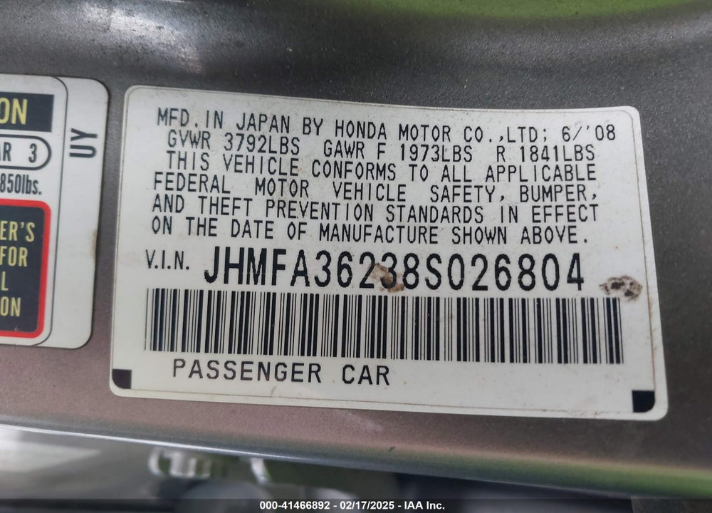 2008 HONDA CIVIC SEDAN HYBRID VIN: JHMFA36238S026804
