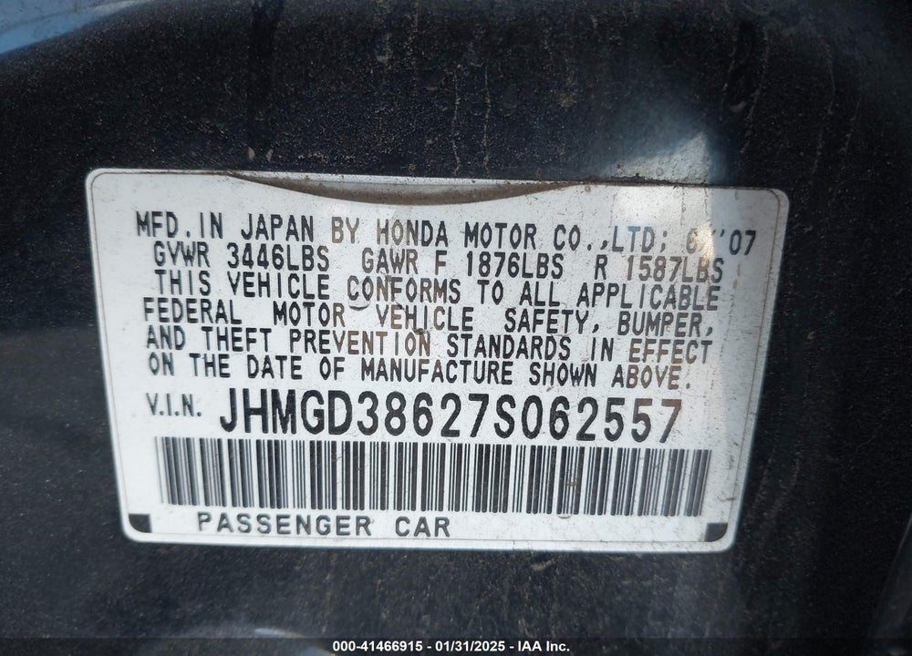 2007 HONDA FIT VIN: JHMGD38627S062557