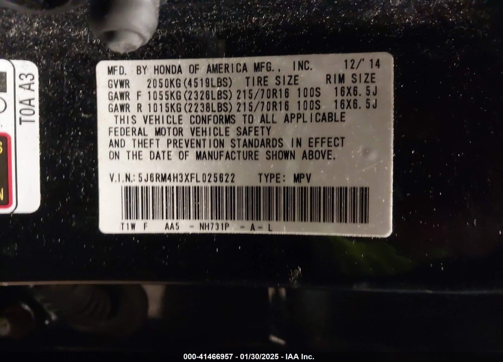 2015 HONDA CR-V LX VIN: 5J6RM4H3XFL025622