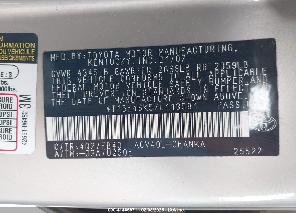 2007 TOYOTA CAMRY VIN: 4T1BE46K57U113581