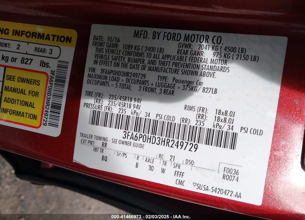 2017 FORD FUSION VIN: 3FA6P0HD3HR249729