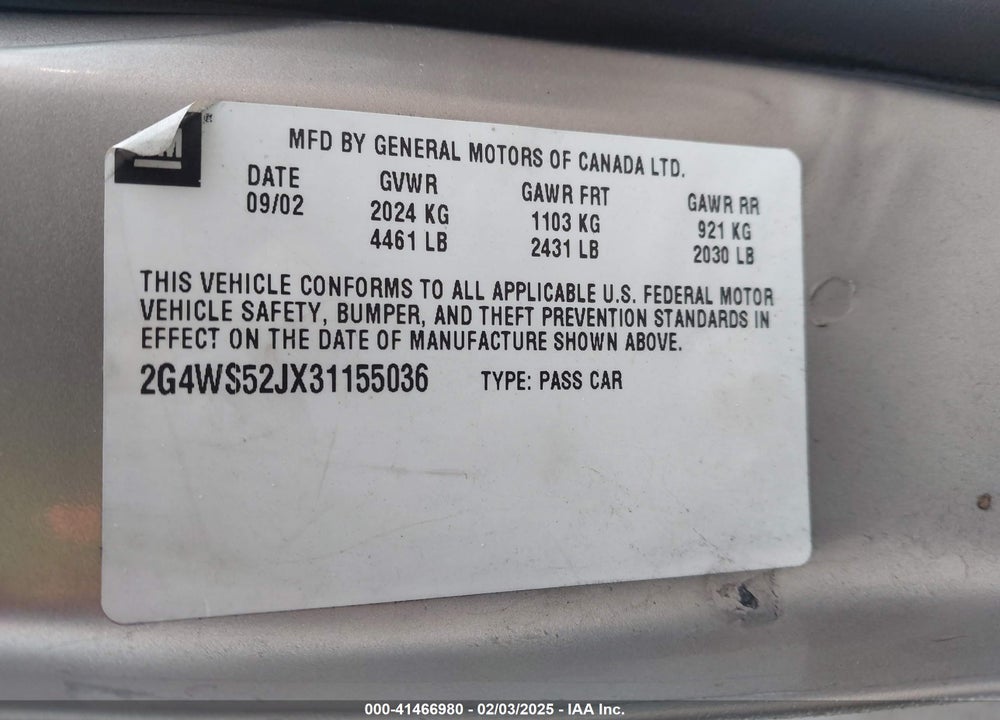 2003 BUICK CENTURY CUSTOM VIN: 2G4WS52JX31155036