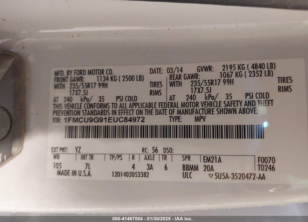2014 FORD ESCAPE SE VIN: 1FMCU9G91EUC84972