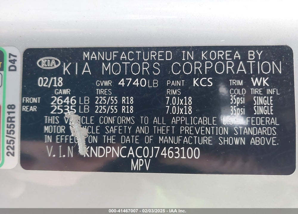 2018 KIA SPORTAGE EX VIN: KNDPNCAC0J7463100