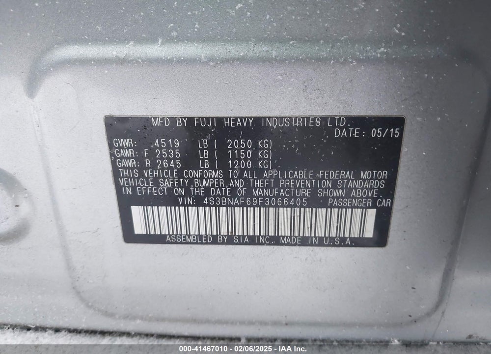 2015 SUBARU LEGACY 2.5I PREMIUM VIN: 4S3BNAF69F3066405