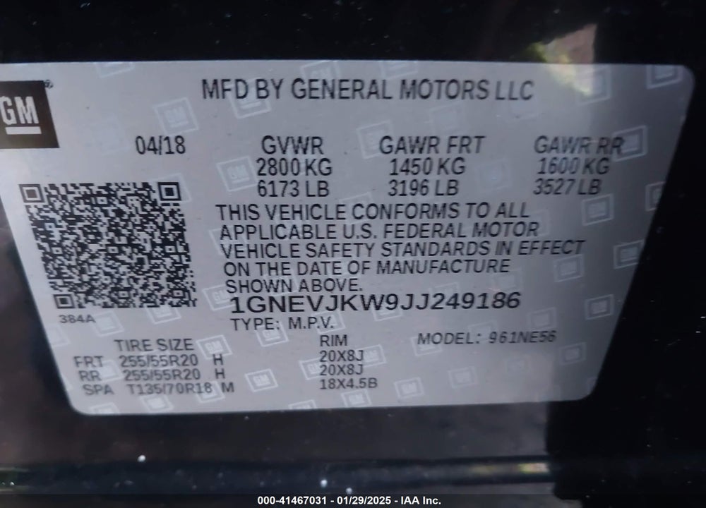 2018 CHEVROLET TRAVERSE PREMIER VIN: 1GNEVJKW9JJ249186
