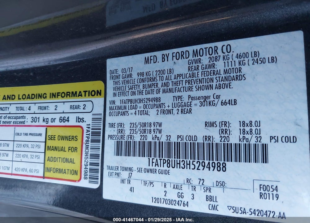 2017 FORD MUSTANG VIN: 1FATP8UH3H5294988