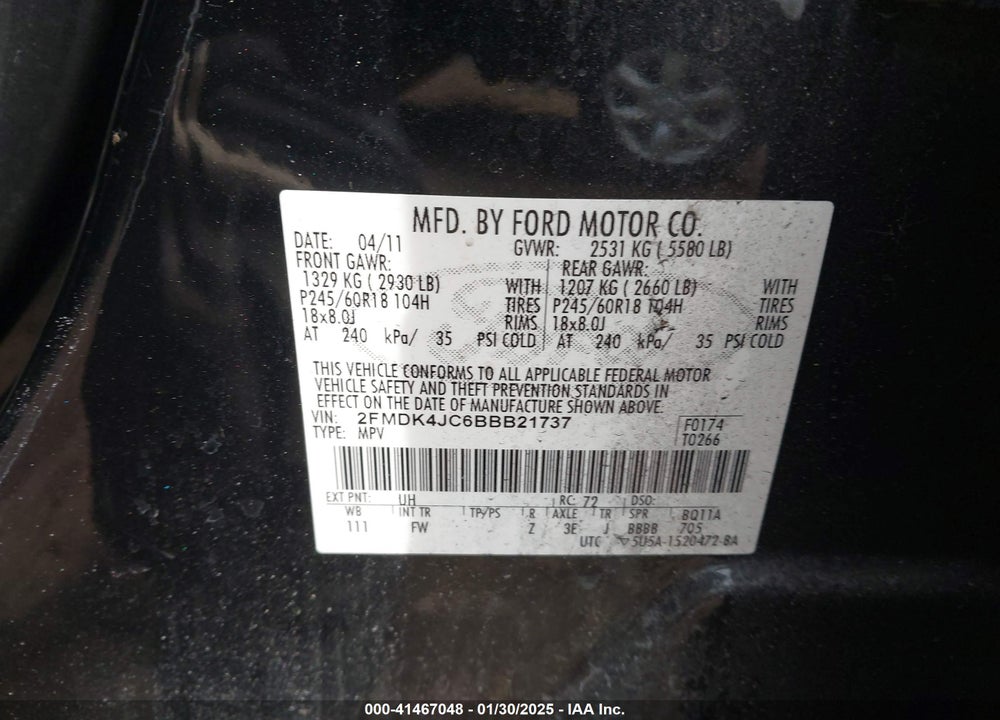 2011 FORD EDGE SEL VIN: 2FMDK4JC6BBB21737