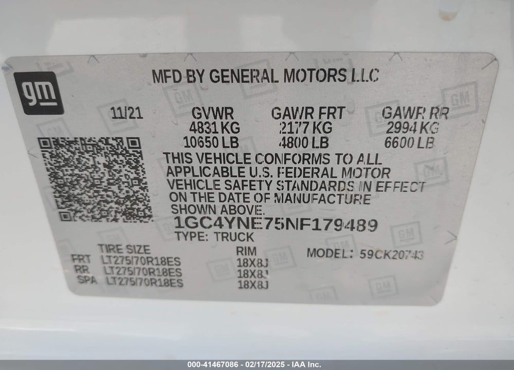 2022 CHEVROLET SILVERADO 2500HD 4WD STANDARD BED LT VIN: 1GC4YNE75NF179489