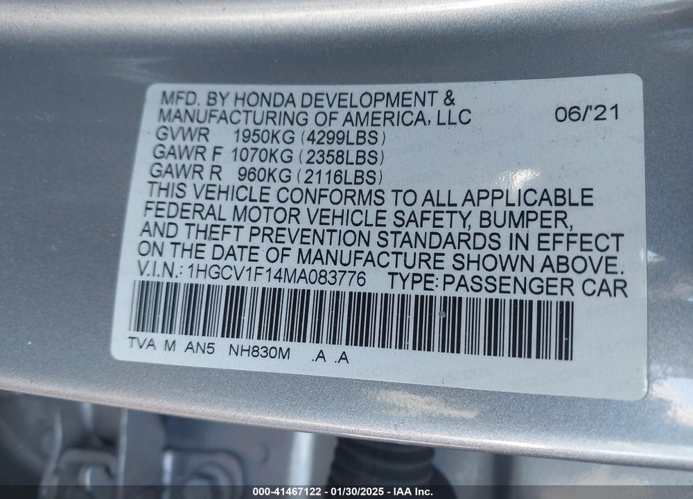 2021 HONDA ACCORD VIN: 1HGCV1F14MA083776