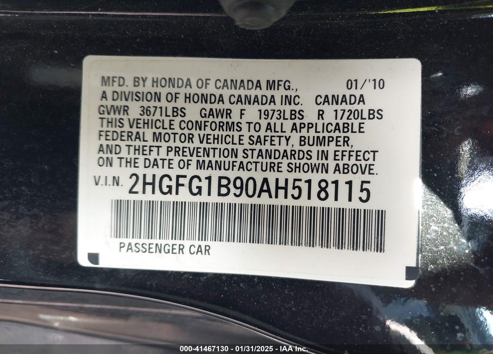 2010 HONDA CIVIC EX-L VIN: 2HGFG1B90AH518115