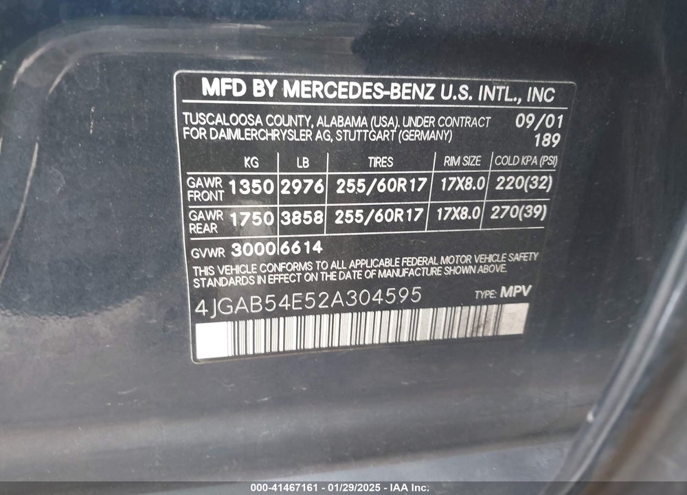 2002 MERCEDES-BENZ ML 320 VIN: 4JGAB54E52A304595