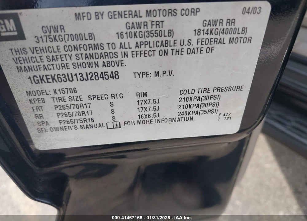 2003 GMC YUKON DENALI VIN: 1GKEK63U13J284548