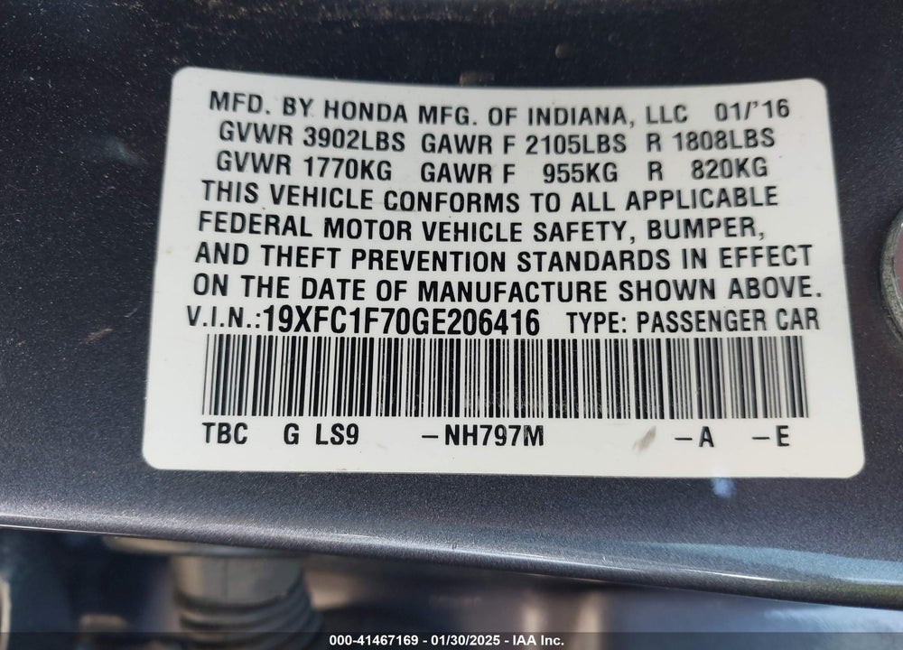 2016 HONDA CIVIC VIN: 19XFC1F70GE206416
