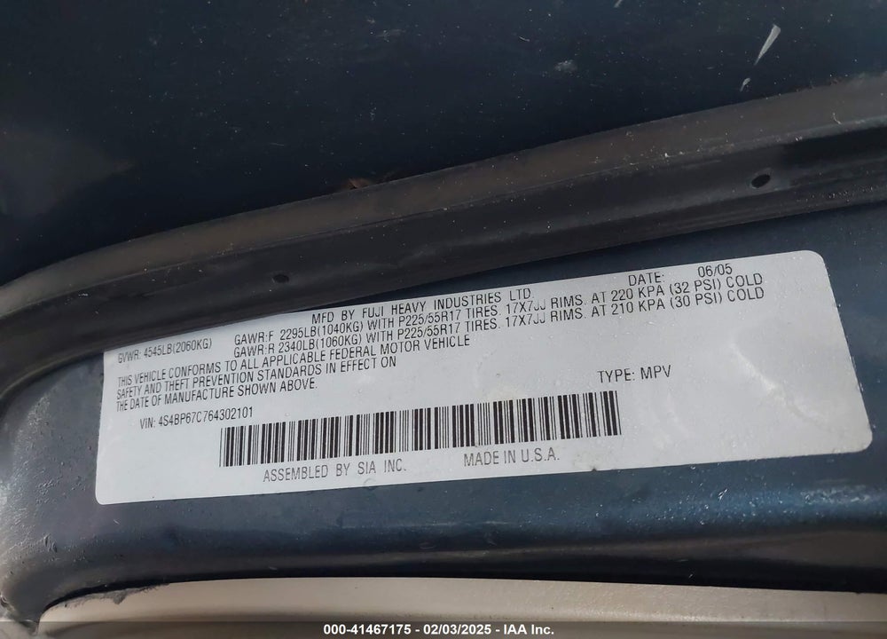 2006 SUBARU OUTBACK VIN: 4S4BP67C764302101