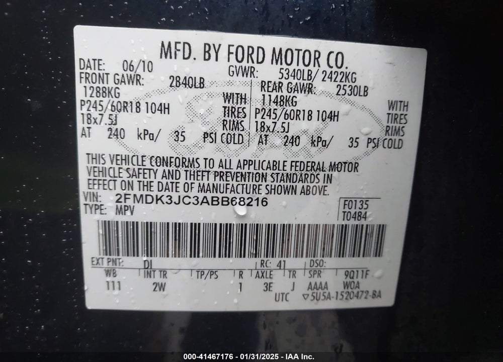 2010 FORD EDGE SEL VIN: 2FMDK3JC3ABB68216