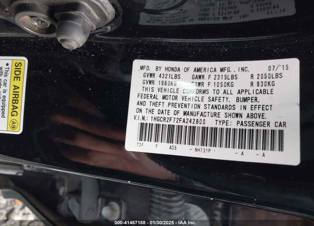 2015 HONDA ACCORD VIN: 1HGCR2F72FA242800