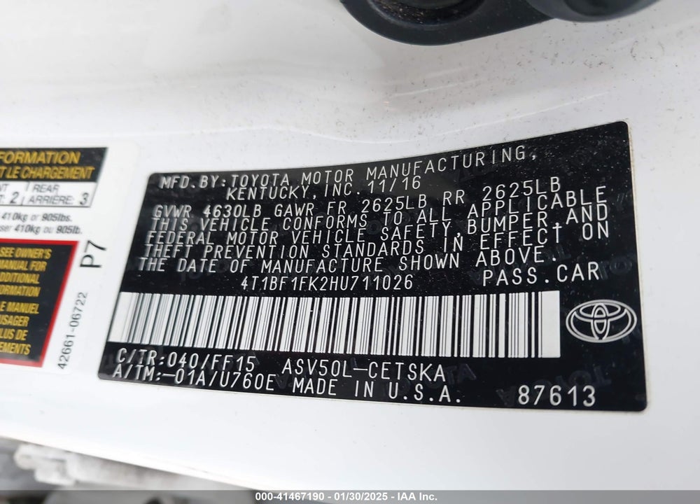 2017 TOYOTA CAMRY VIN: 4T1BF1FK2HU711026