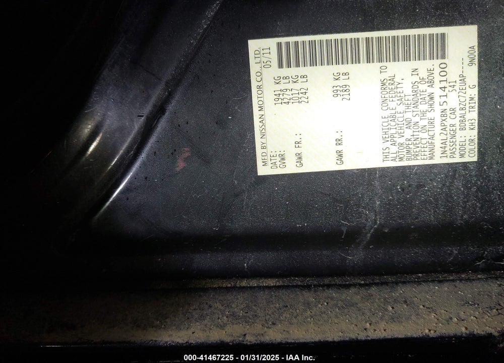 2011 NISSAN ALTIMA 2.5 S VIN: 1N4AL2APXBN514100