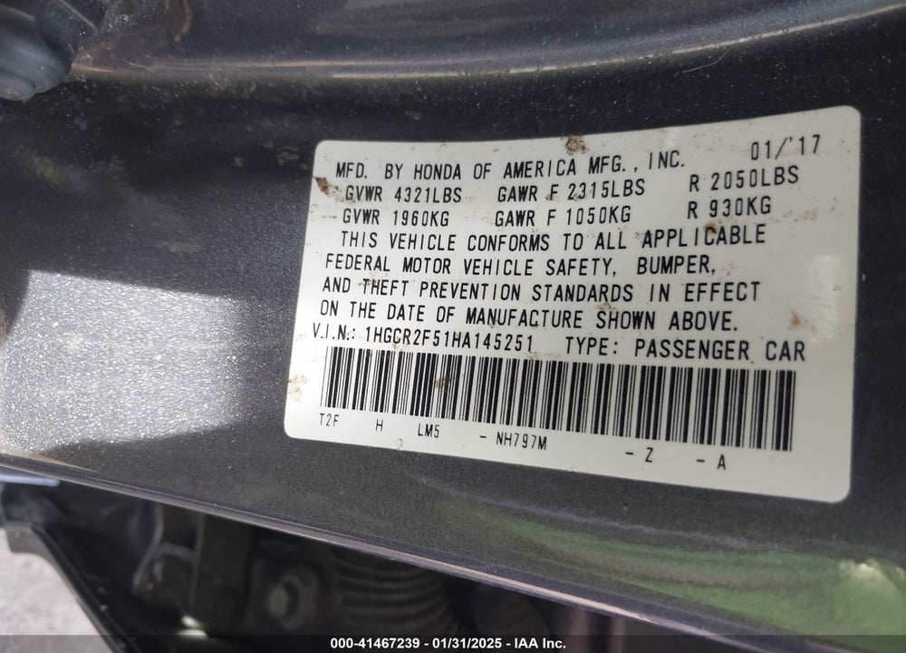 2017 HONDA ACCORD VIN: 1HGCR2F51HA145251