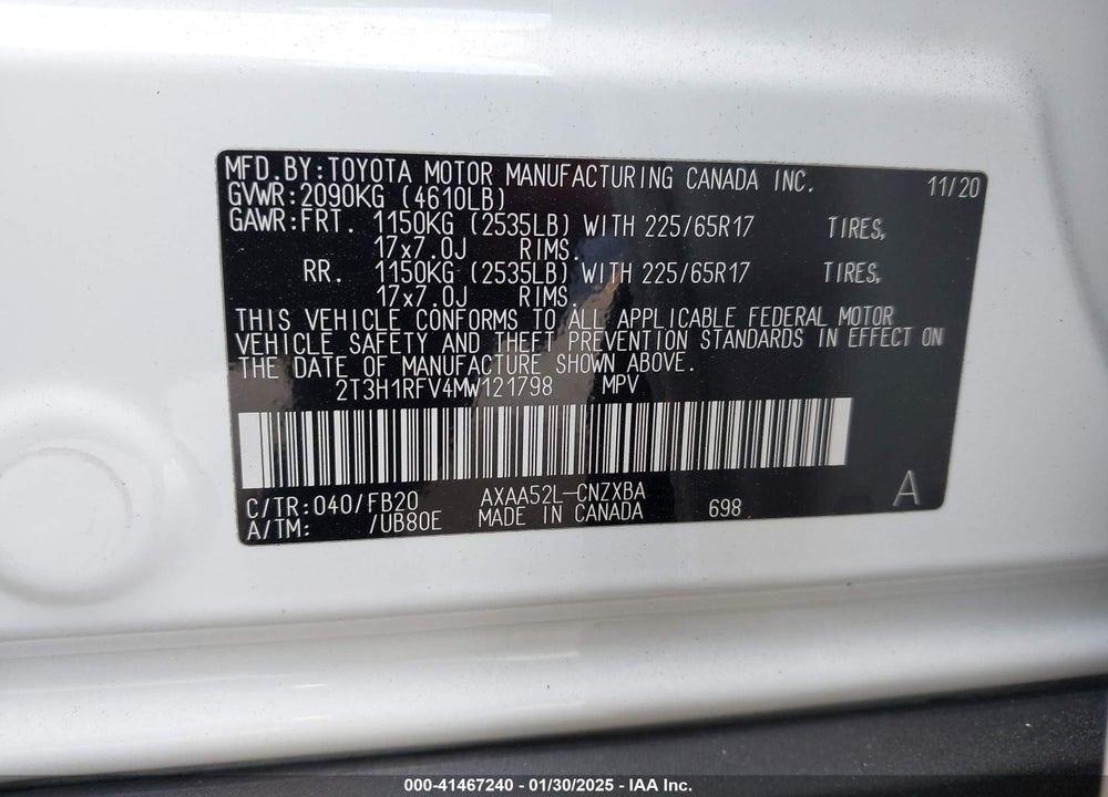 2021 TOYOTA RAV4 VIN: 2T3H1RFV4MW121798