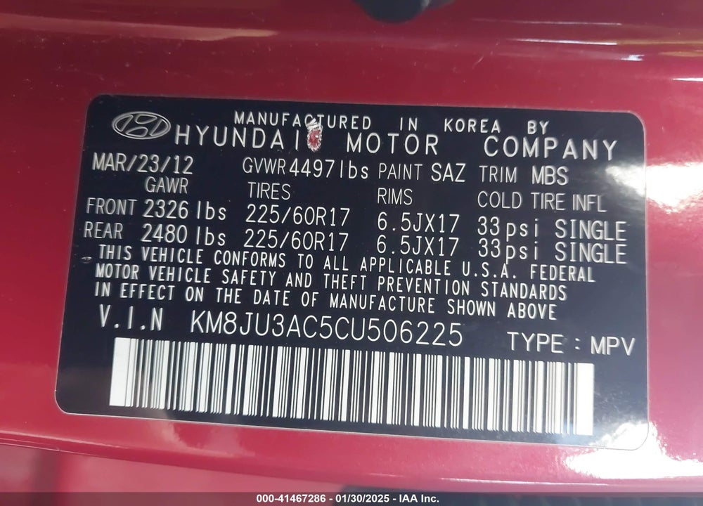 2012 HYUNDAI TUCSON GLS VIN: KM8JU3AC5CU506225