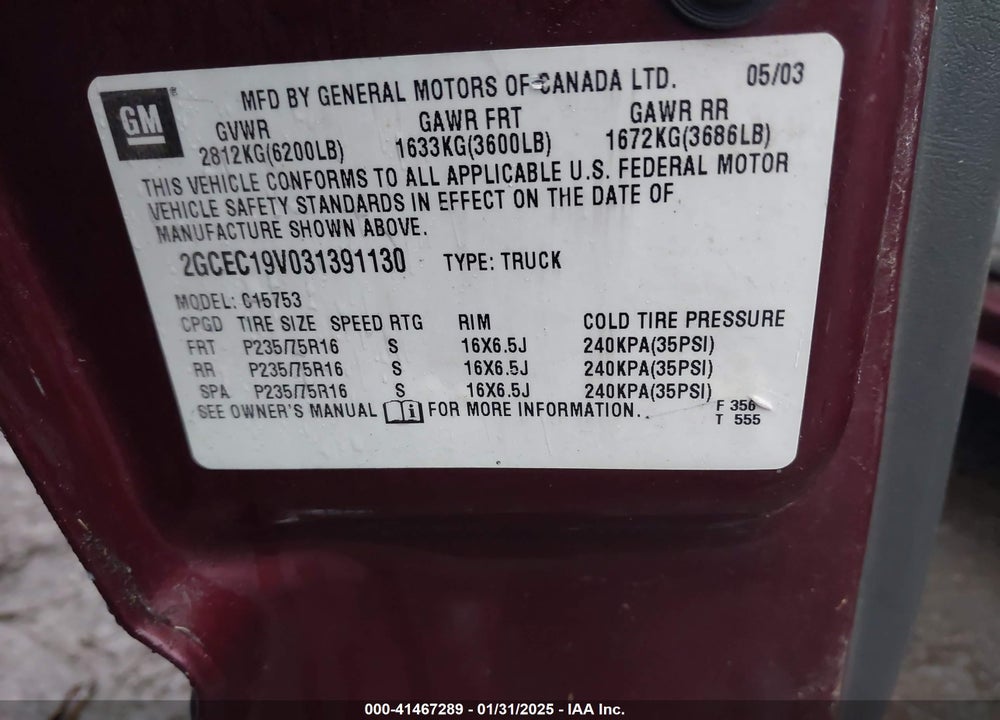 2003 CHEVROLET SILVERADO 1500 LS VIN: 2GCEC19V031391130
