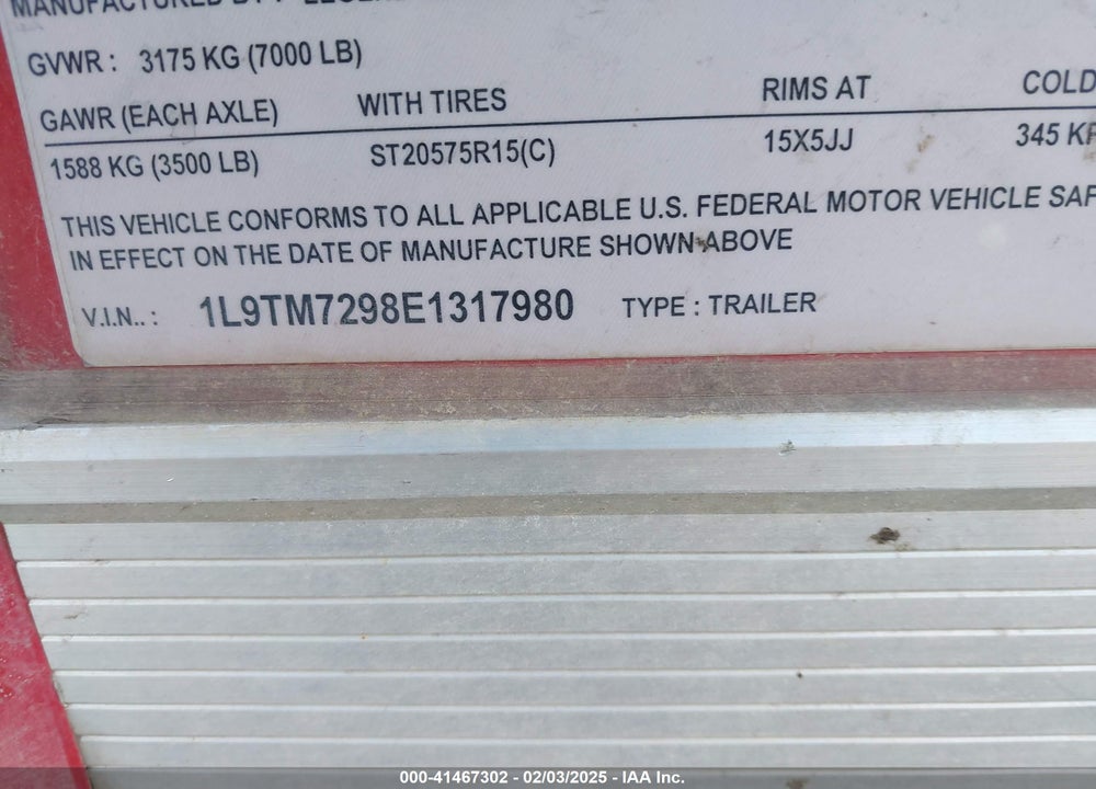 2014 LEGEND ENCLOSED TRAILER VIN: 1L9TM7298E1317980