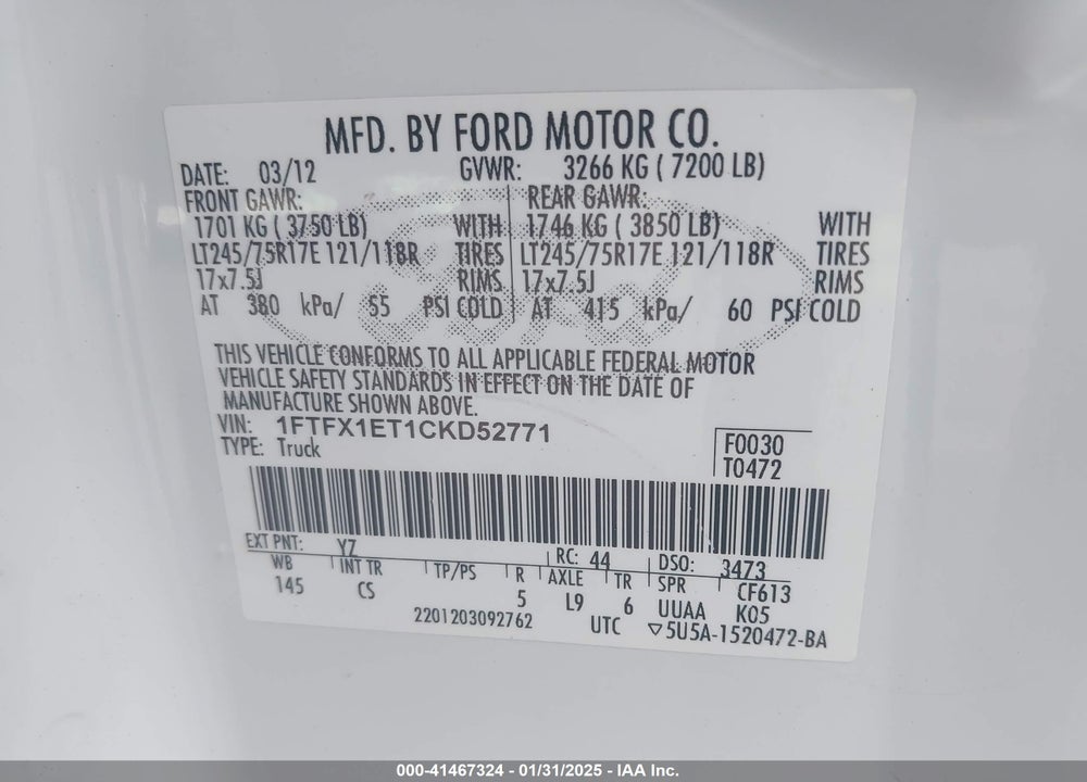 2012 FORD F-150 XL VIN: 1FTFX1ET1CKD52771