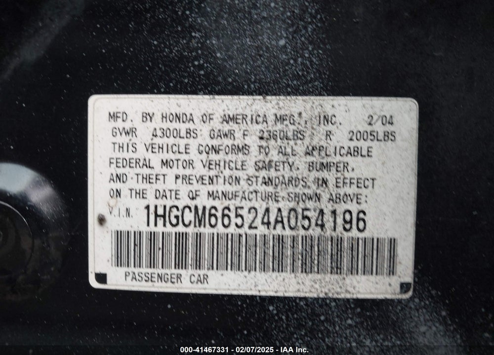 2004 HONDA ACCORD 3.0 EX VIN: 1HGCM66524A054196