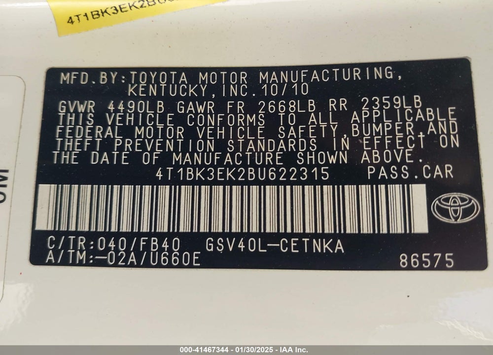 2011 TOYOTA CAMRY LE V6 VIN: 4T1BK3EK2BU622315