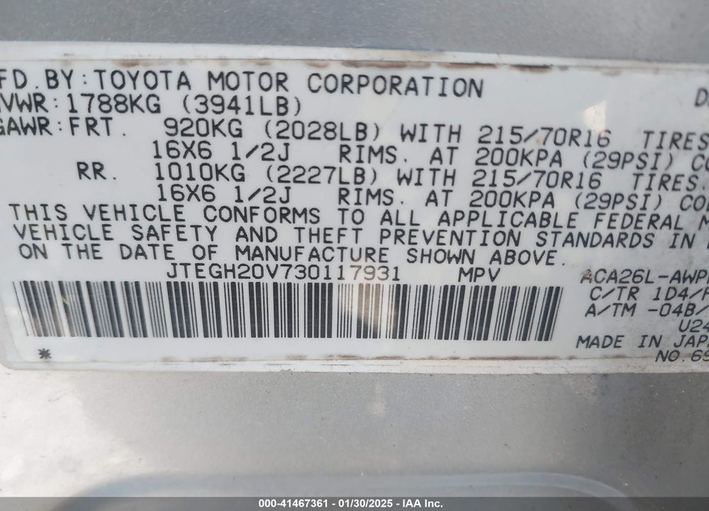2003 TOYOTA RAV4 VIN: JTEGH20V730117931