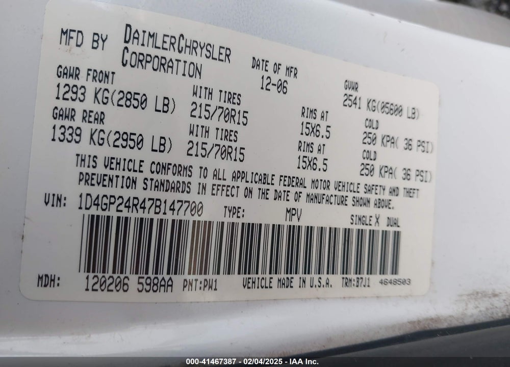 2007 DODGE GRAND CARAVAN SE VIN: 1D4GP24R47B147700
