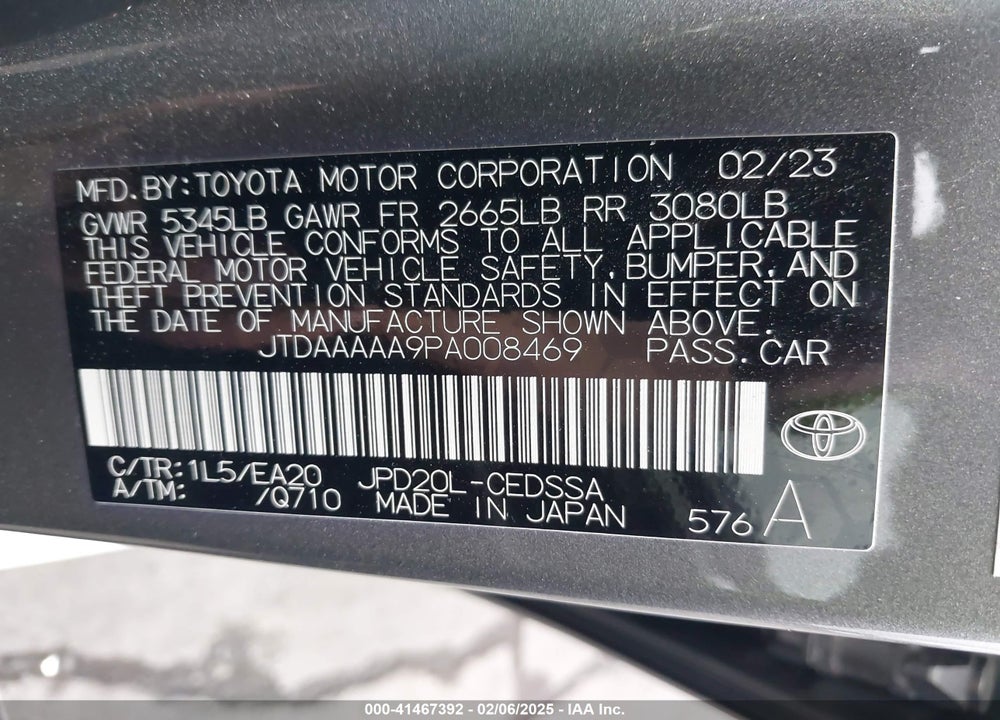 2023 TOYOTA MIRAI VIN: JTDAAAAA9PA008469