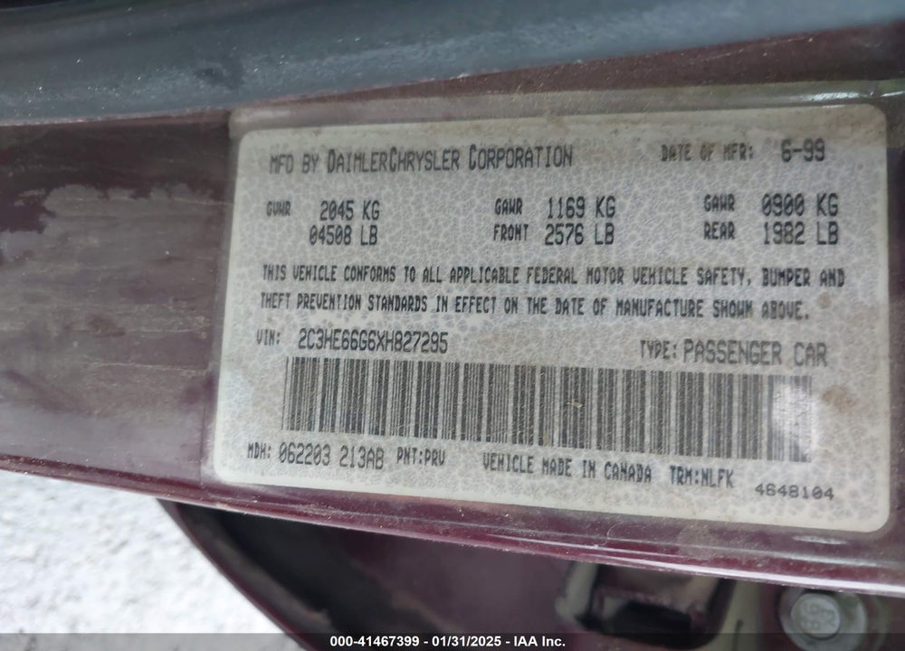 1999 CHRYSLER 300M VIN: 2C3HE66G6XH827295