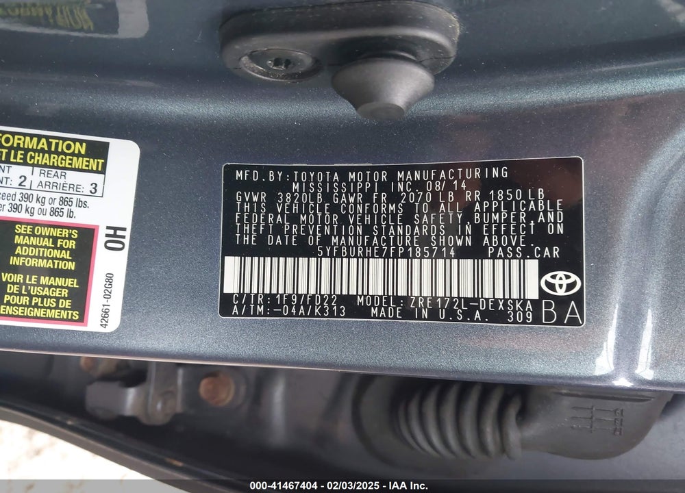 2015 TOYOTA COROLLA VIN: 5YFBURHE7FP185714