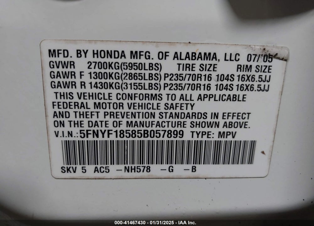 2005 HONDA PILOT EX-L VIN: 5FNYF18585B057899