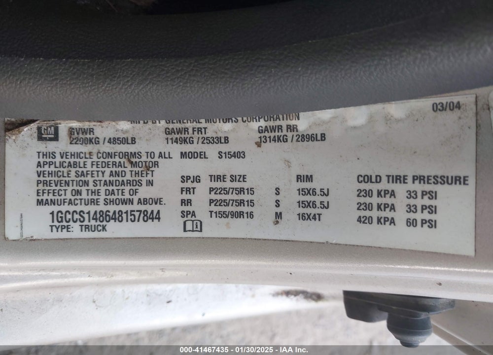 2004 CHEVROLET COLORADO LS VIN: 1GCCS148648157844