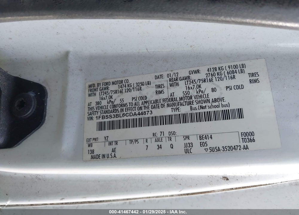 2012 FORD E-350 SUPER DUTY XL VIN: 1FBSS3BL6CDA44873
