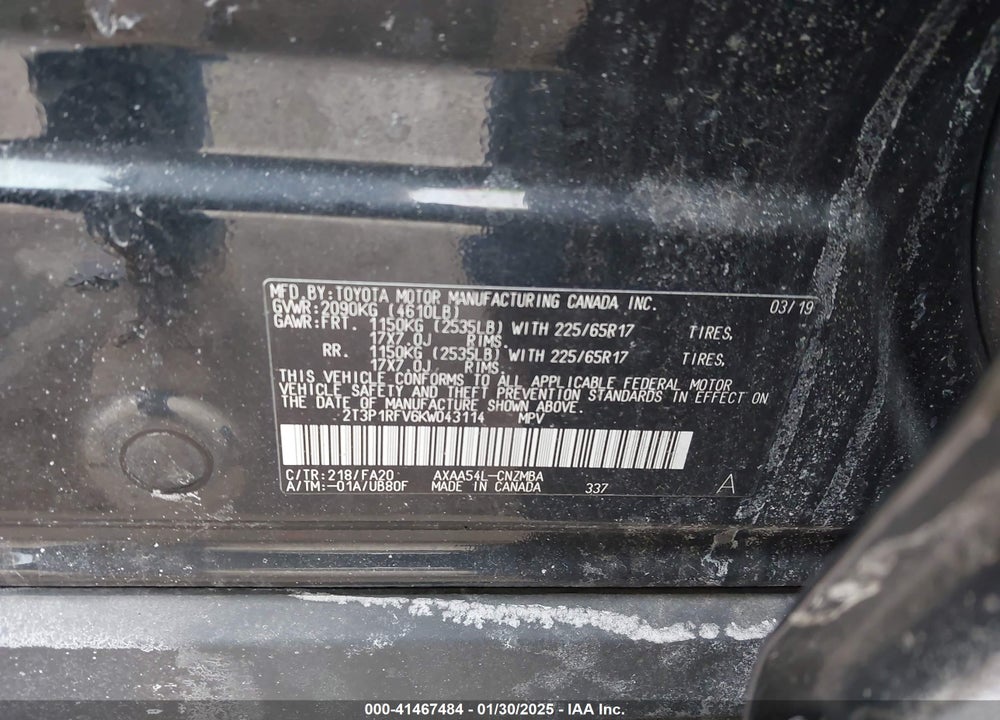 2019 TOYOTA RAV4 XLE VIN: 2T3P1RFV6KW043114