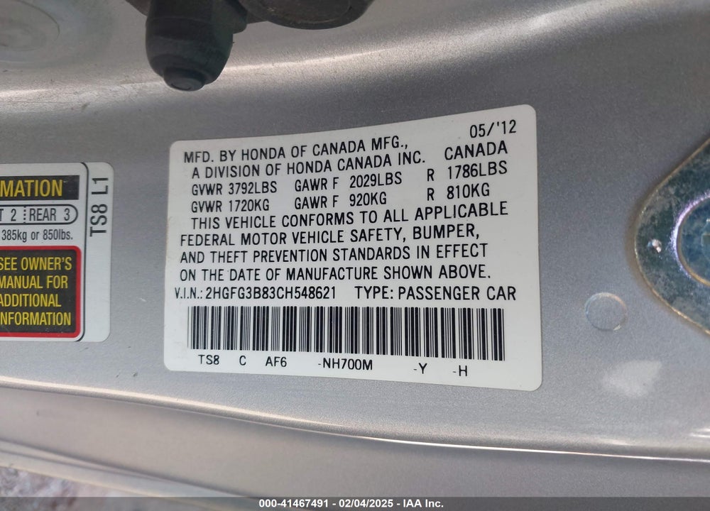 2012 HONDA CIVIC EX VIN: 2HGFG3B83CH548621