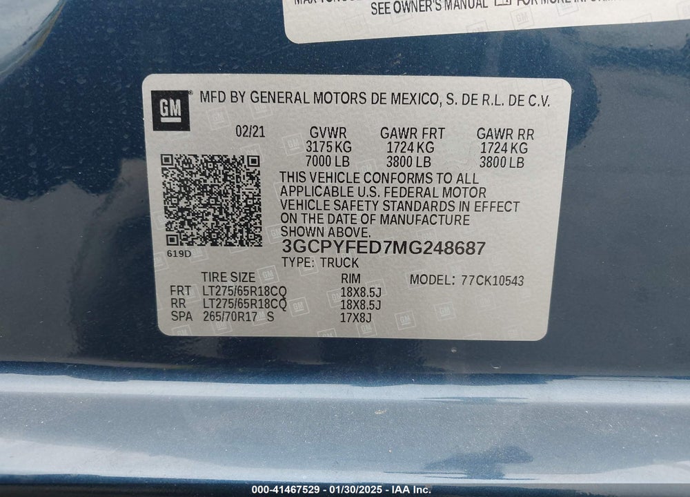 2021 CHEVROLET SILVERADO 1500 VIN: 3GCPYFED7MG248687